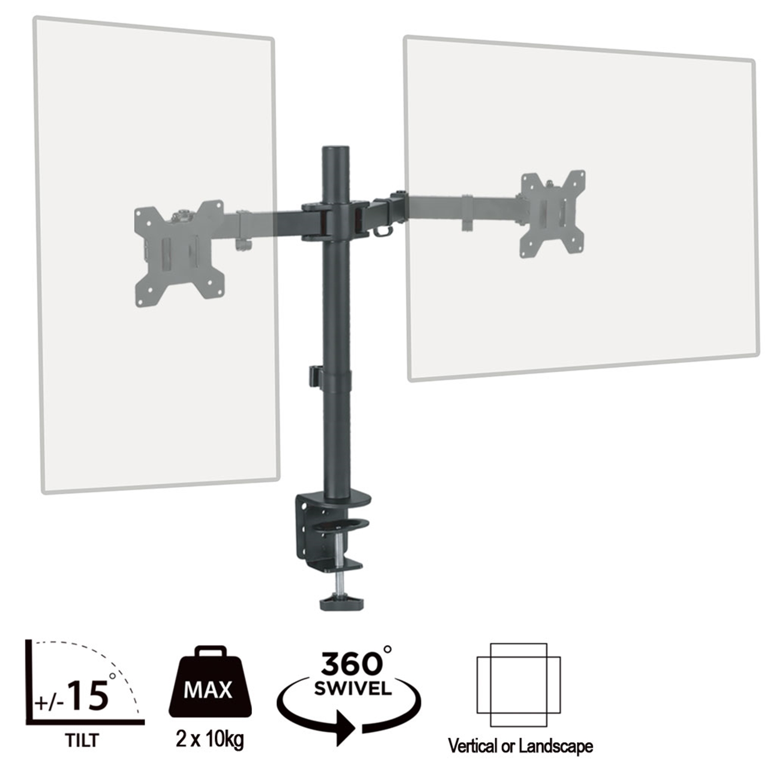 (image for) piXL Double Monitor Arm, For Upto 2x 27 inch Monitors, Desk Mounted, VESA dimensions of 75x75mm or 100x100mm, 180 Degrees Swivel, 15 Degrees Tilt, Weight Upto 10kg per screen, Built in Cable Management