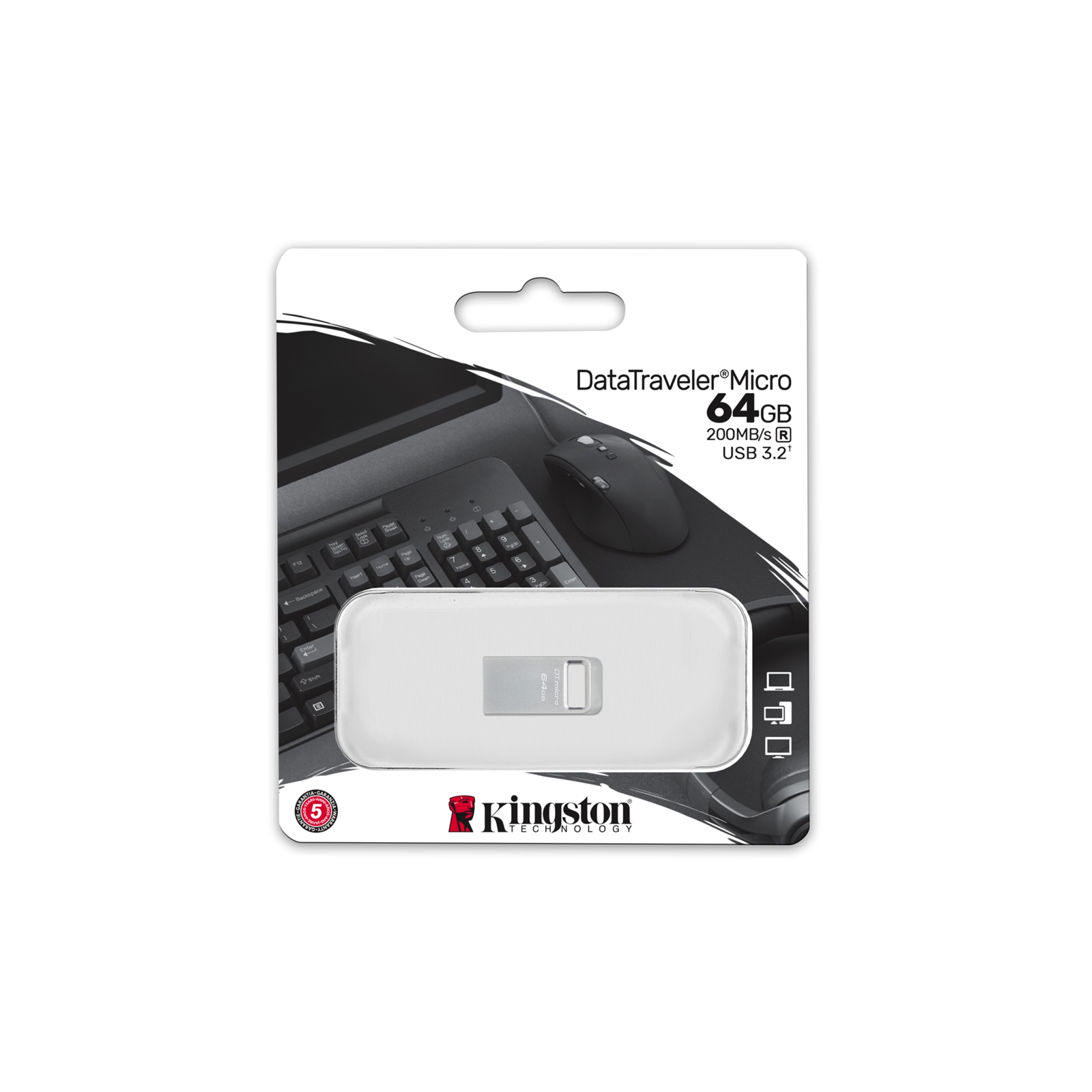 Kingston DTMC3G2/64GB 64GB DataTraveler Micro USB Flash Drive, USB 3.2, Metal Casing, Up to 200MB/s