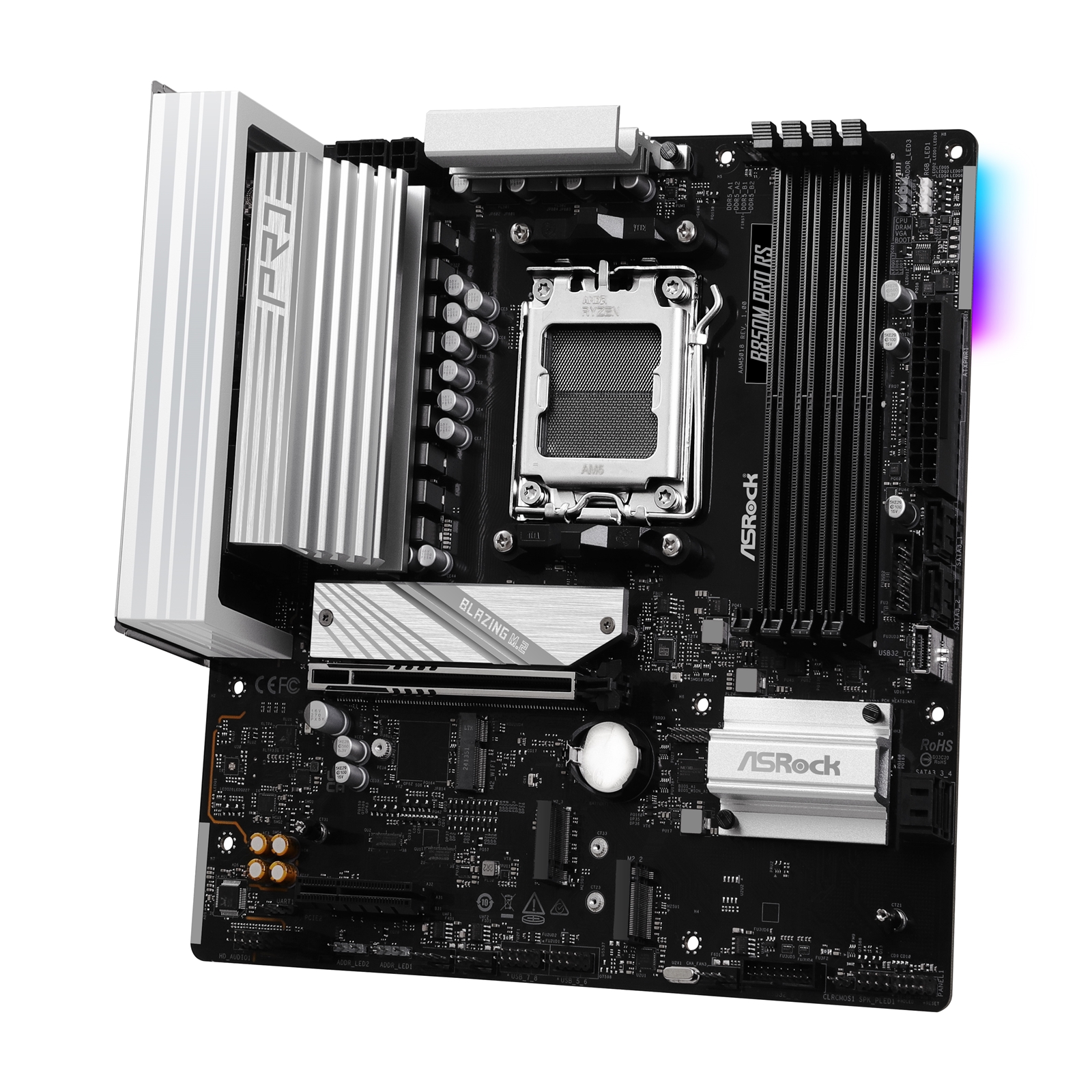 ASRock B850M Pro RS AMD AM5 Socket Motherboard, Micro-ATX, 4x DDR5 Slots, 3x M.2 Sockets, Fitted I/O Shield, 2.5GbE LAN, 1x DisplayPort / 1x HDMI Port