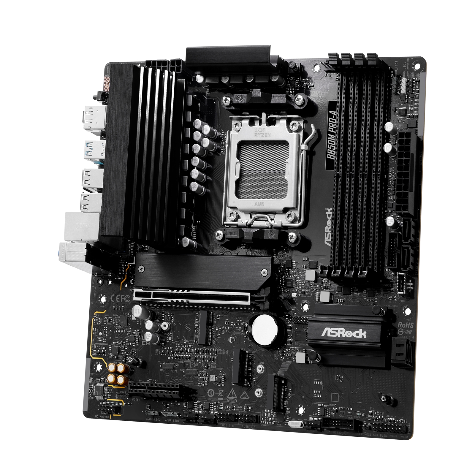 ASRock B850M Pro-A AMD AM5 Socket Motherboard, Micro-ATX, 4x DDR5 Slots, 3x M.2 Sockets, 2.5GbE LAN, 1x DisplayPort / 1x HDMI Port