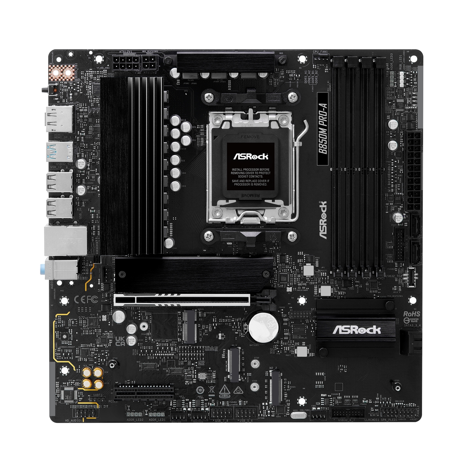 ASRock B850M Pro-A AMD AM5 Socket Motherboard, Micro-ATX, 4x DDR5 Slots, 3x M.2 Sockets, 2.5GbE LAN, 1x DisplayPort / 1x HDMI Port
