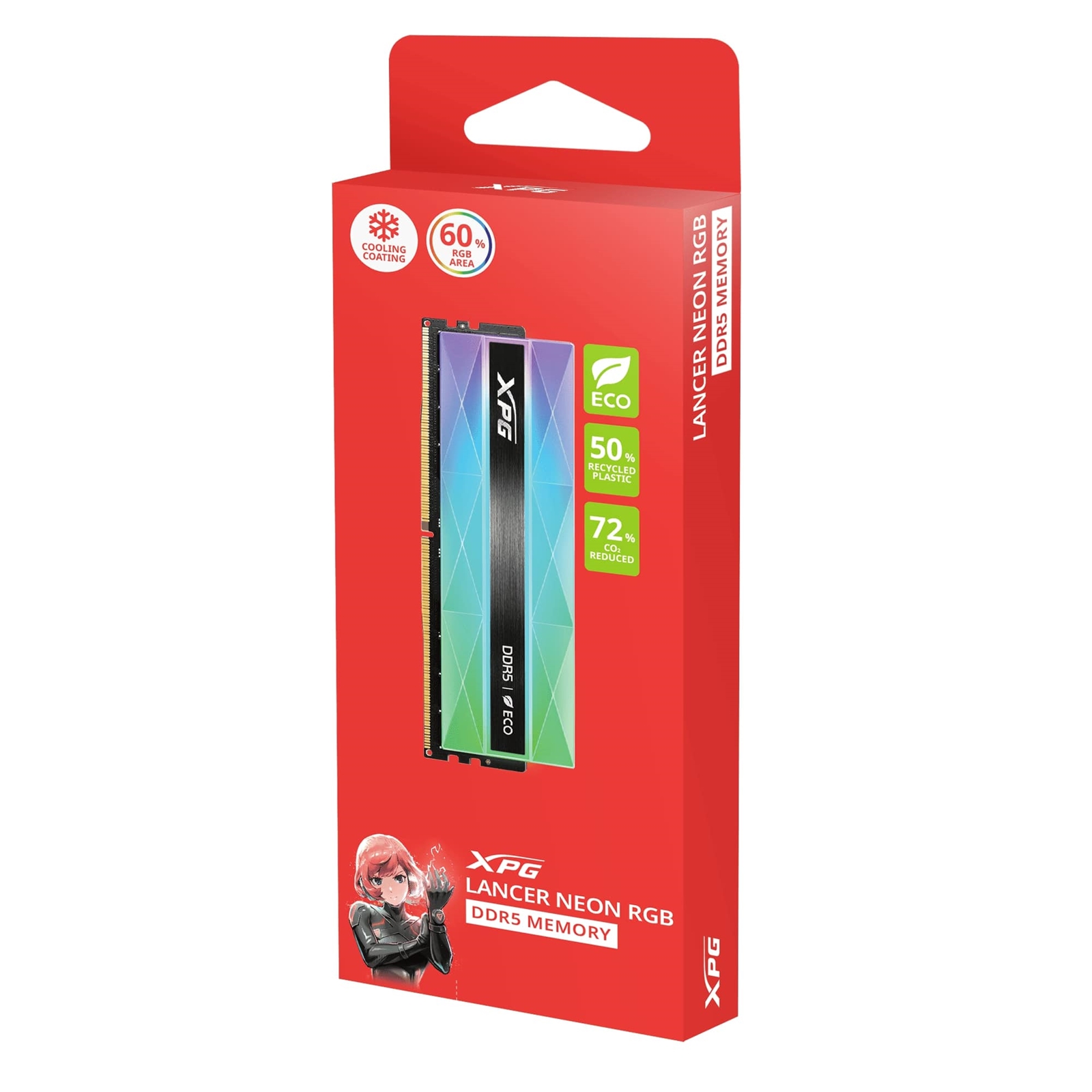 Adata LANCER NEON AX5U6400C3216G-DCLANRSG U-DIMM DDR5 System Memory, 6400MHz, 32GB, (2 x 16GB) CL32, 1.4v, Retail, Silver RGB , Using Eco-Friendly Material