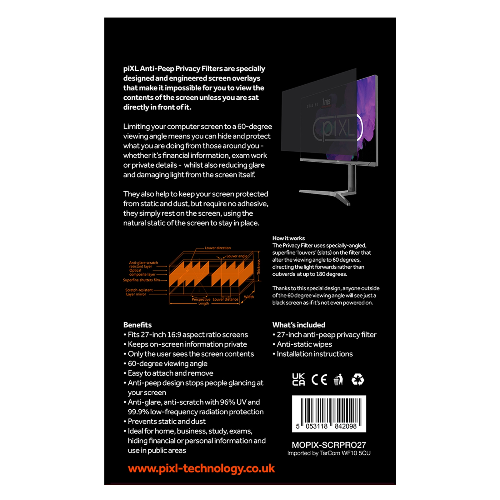 piXL 27 Inch Monitor Security Privacy Screen/ Privacy Filter, Anti-Glare, Anti-Peep, Anti-Static & Blackout