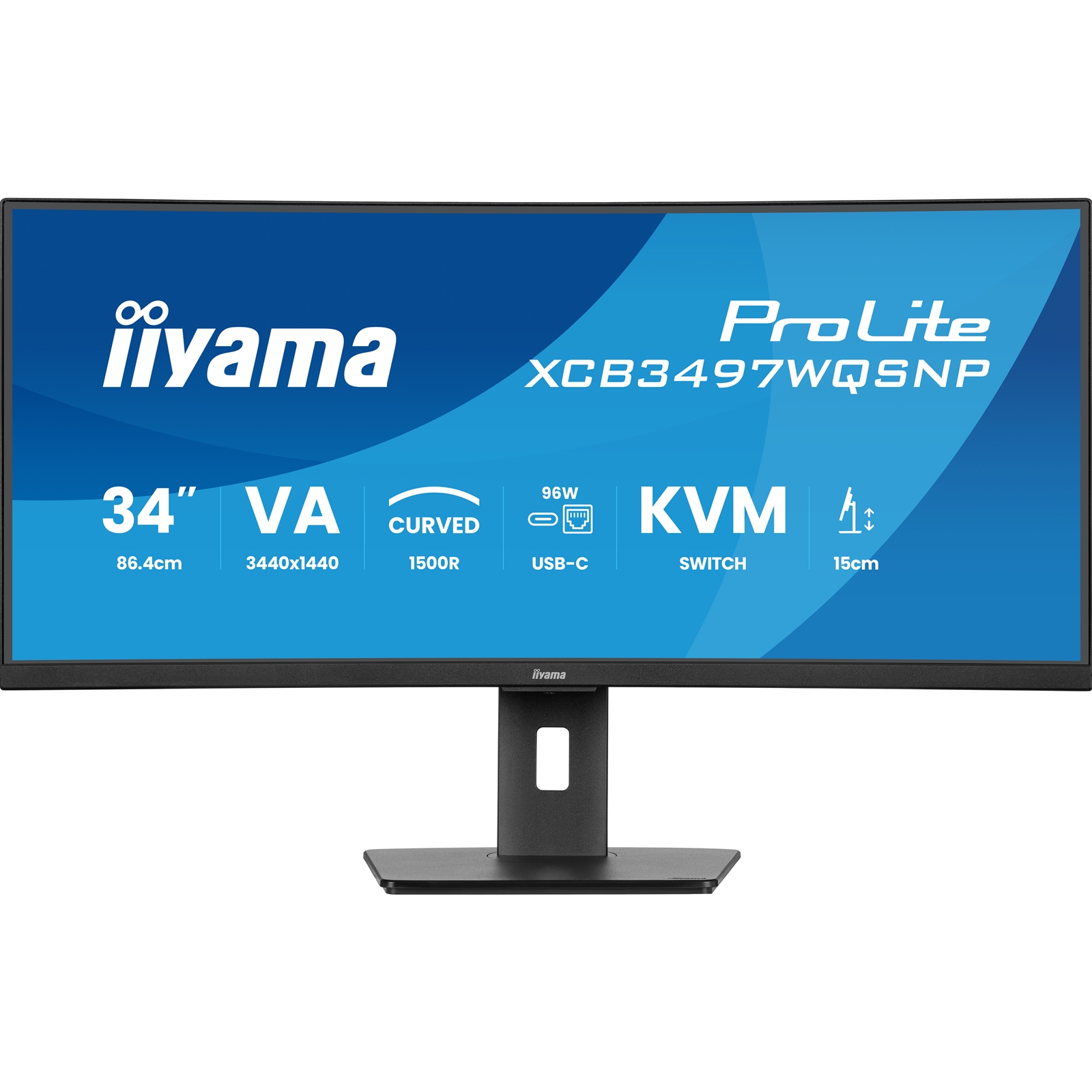 iiyama ProLite Curved Monitor XCB3497WQSNP-B1 34" VA Ultra-Wide Screen with KVM Switch, LAN, USB-C Dock, 0.4ms, 120Hz, HDMI, DisplayPort, Speakers, Height Adjustment