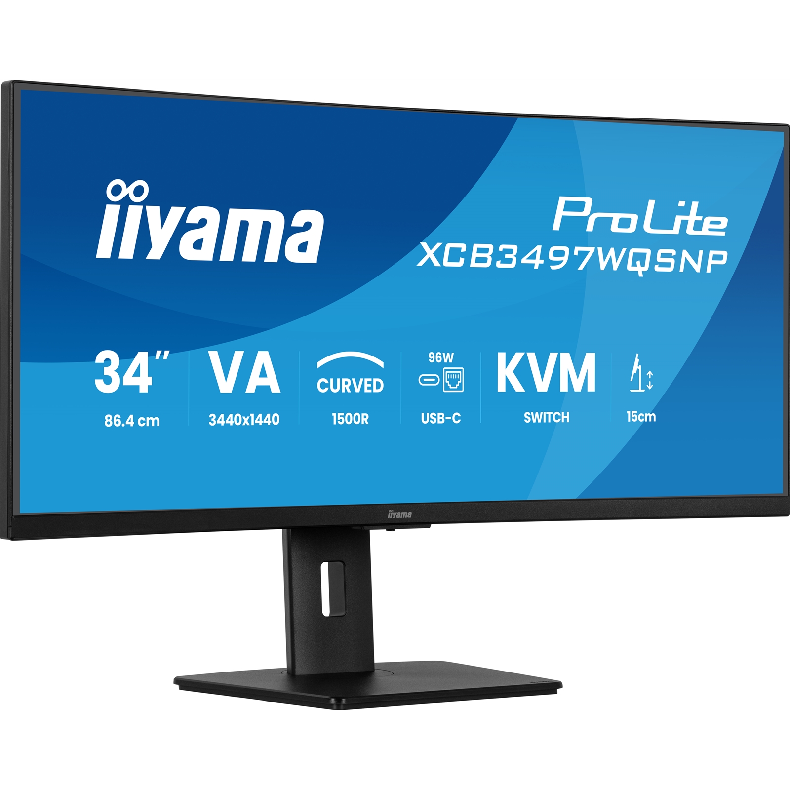 iiyama ProLite Curved Monitor XCB3497WQSNP-B1 34" VA Ultra-Wide Screen with KVM Switch, LAN, USB-C Dock, 0.4ms, 120Hz, HDMI, DisplayPort, Speakers, Height Adjustment