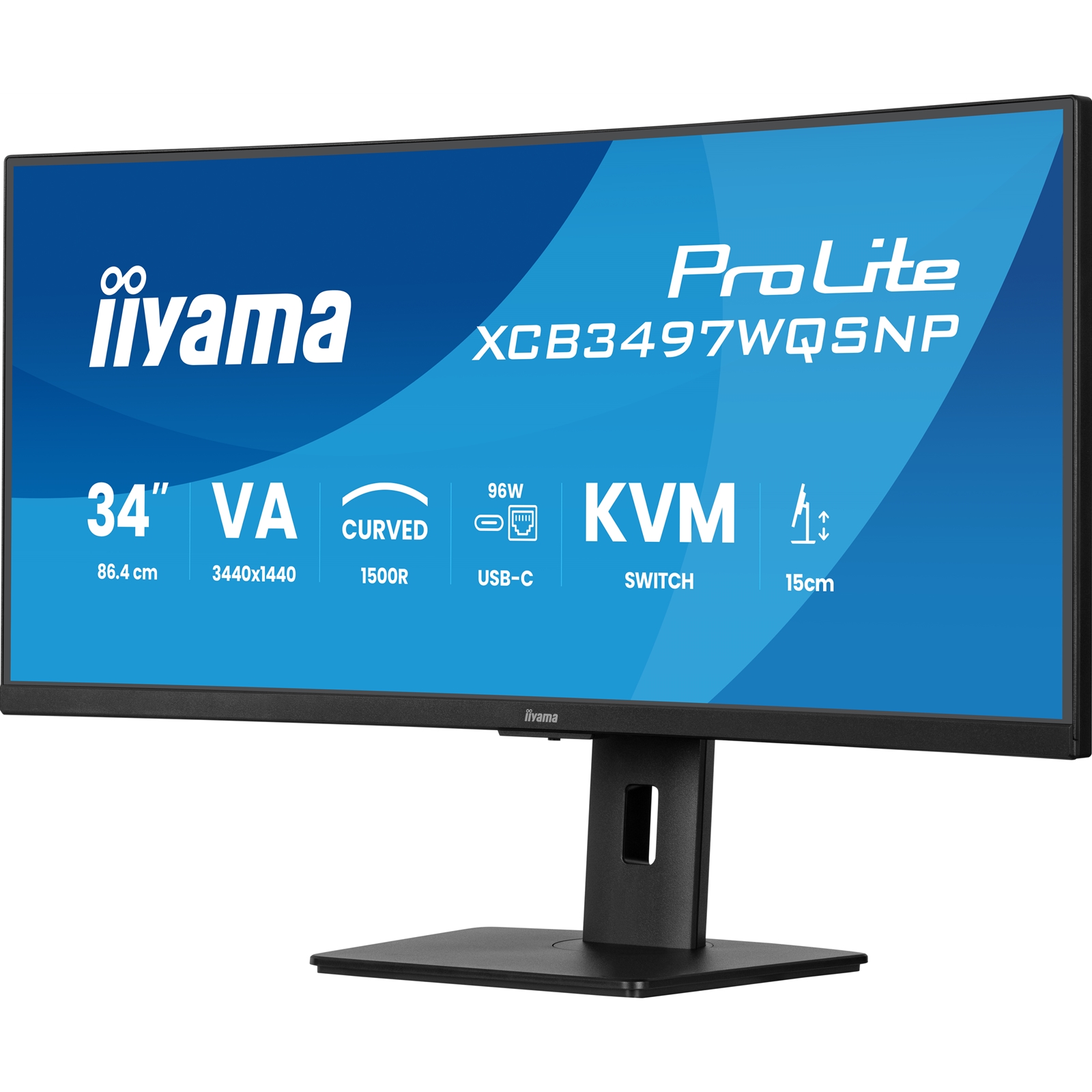 iiyama ProLite Curved Monitor XCB3497WQSNP-B1 34" VA Ultra-Wide Screen with KVM Switch, LAN, USB-C Dock, 0.4ms, 120Hz, HDMI, DisplayPort, Speakers, Height Adjustment