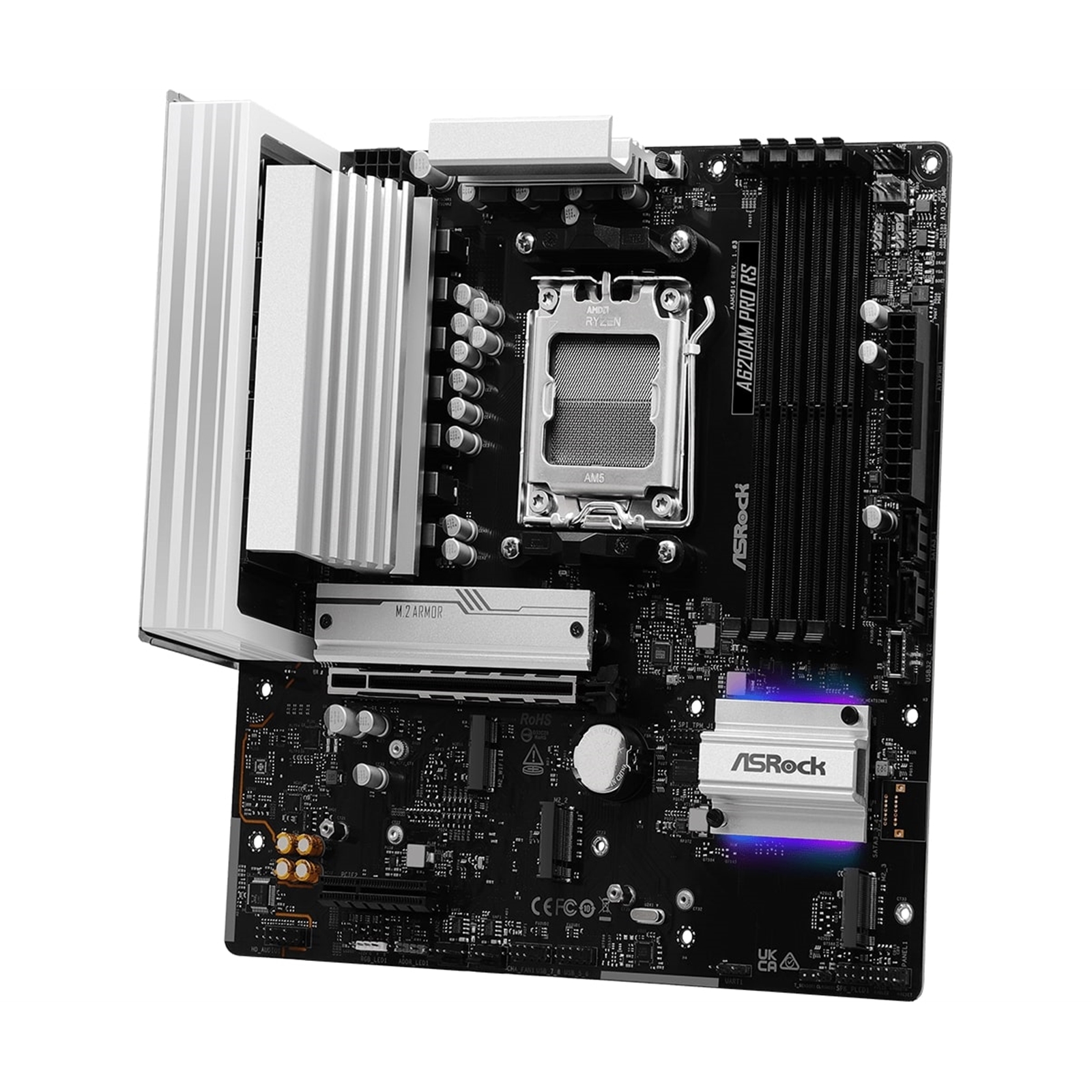 ASRock A620AM PRO RS AMD AM5 Socket Motherboard, Micro-ATX, 4x DDR5 Slots, 3x M.2 Sockets, 2.5GbE LAN, 1x HDMI Port / 1x DisplayPort