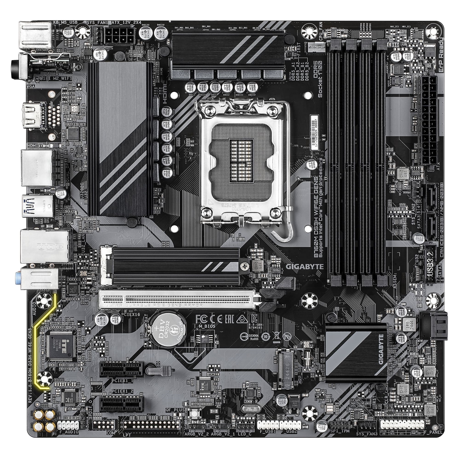 Gigabyte B760M DS3H WIFI6E GEN5 Intel 1700 Socket Motherboard, Micro-ATX, 4x DDR5 Slots, 2x M.2 Sockets, 2.5GbE LAN, Wi-Fi 6E, 1x HDMI Port / 2x DisplayPorts