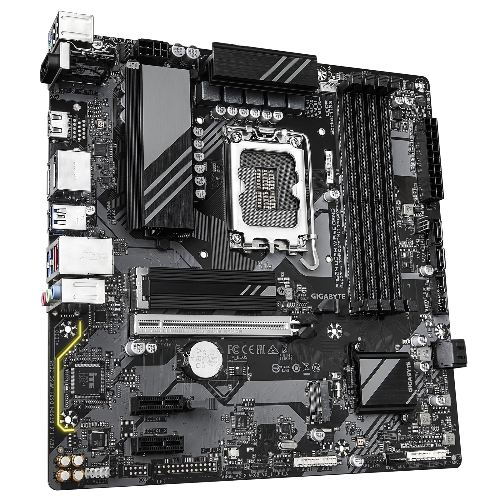 Gigabyte B760M DS3H WIFI6E GEN5 Intel 1700 Socket Motherboard, Micro-ATX, 4x DDR5 Slots, 2x M.2 Sockets, 2.5GbE LAN, Wi-Fi 6E, 1x HDMI Port / 2x DisplayPorts