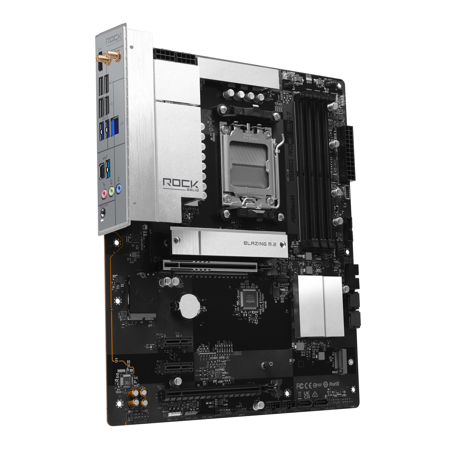 ASRock B850 Rock WiFi 7 AMD AM5 Socket Motherboard, ATX, 4x DDR5 Slots, 2x M.2 Sockets, Fitted I/O Shield, 2.5GbE LAN, Wi-Fi 7, 1x HDMI Port