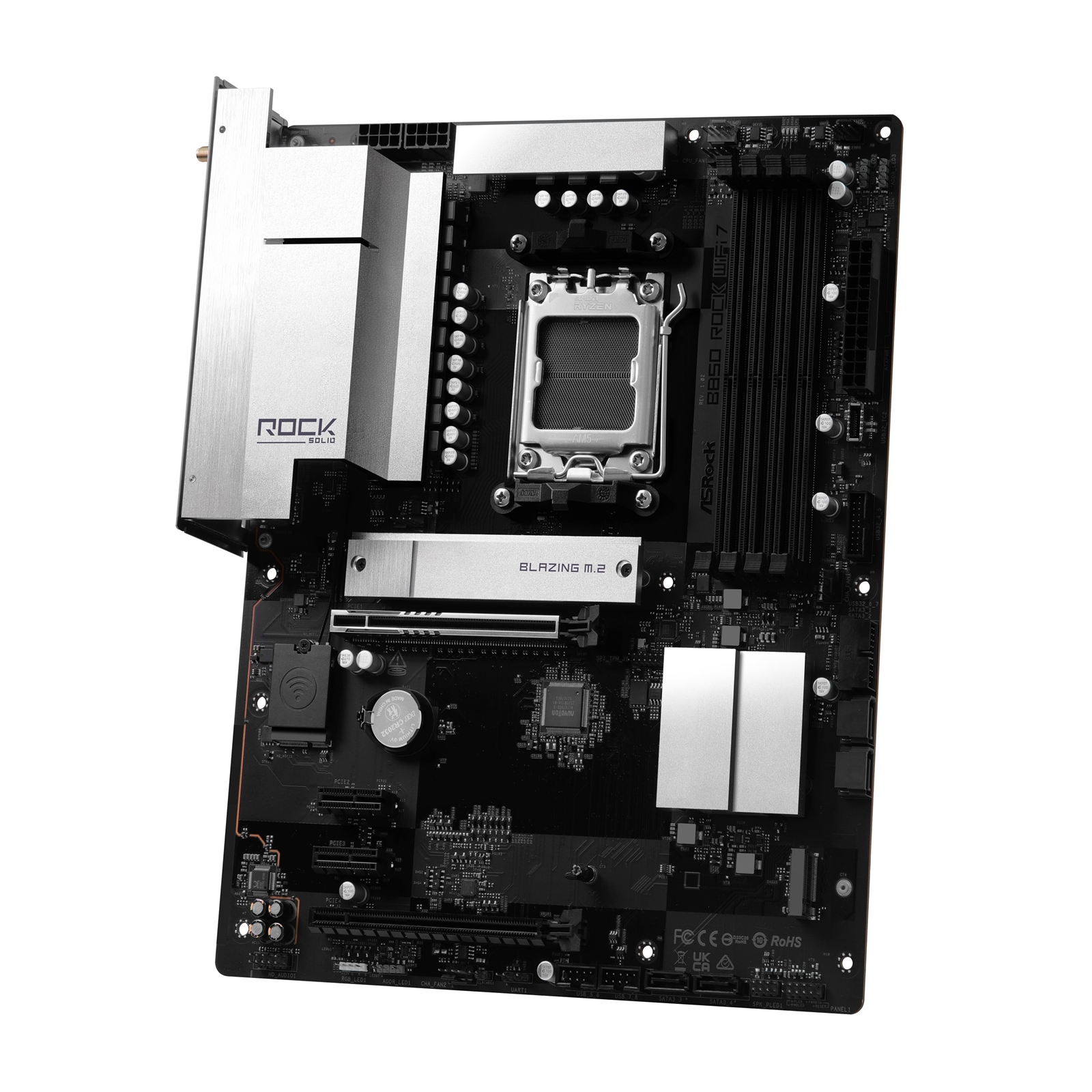 ASRock B850 Rock WiFi 7 AMD AM5 Socket Motherboard, ATX, 4x DDR5 Slots, 2x M.2 Sockets, Fitted I/O Shield, 2.5GbE LAN, Wi-Fi 7, 1x HDMI Port
