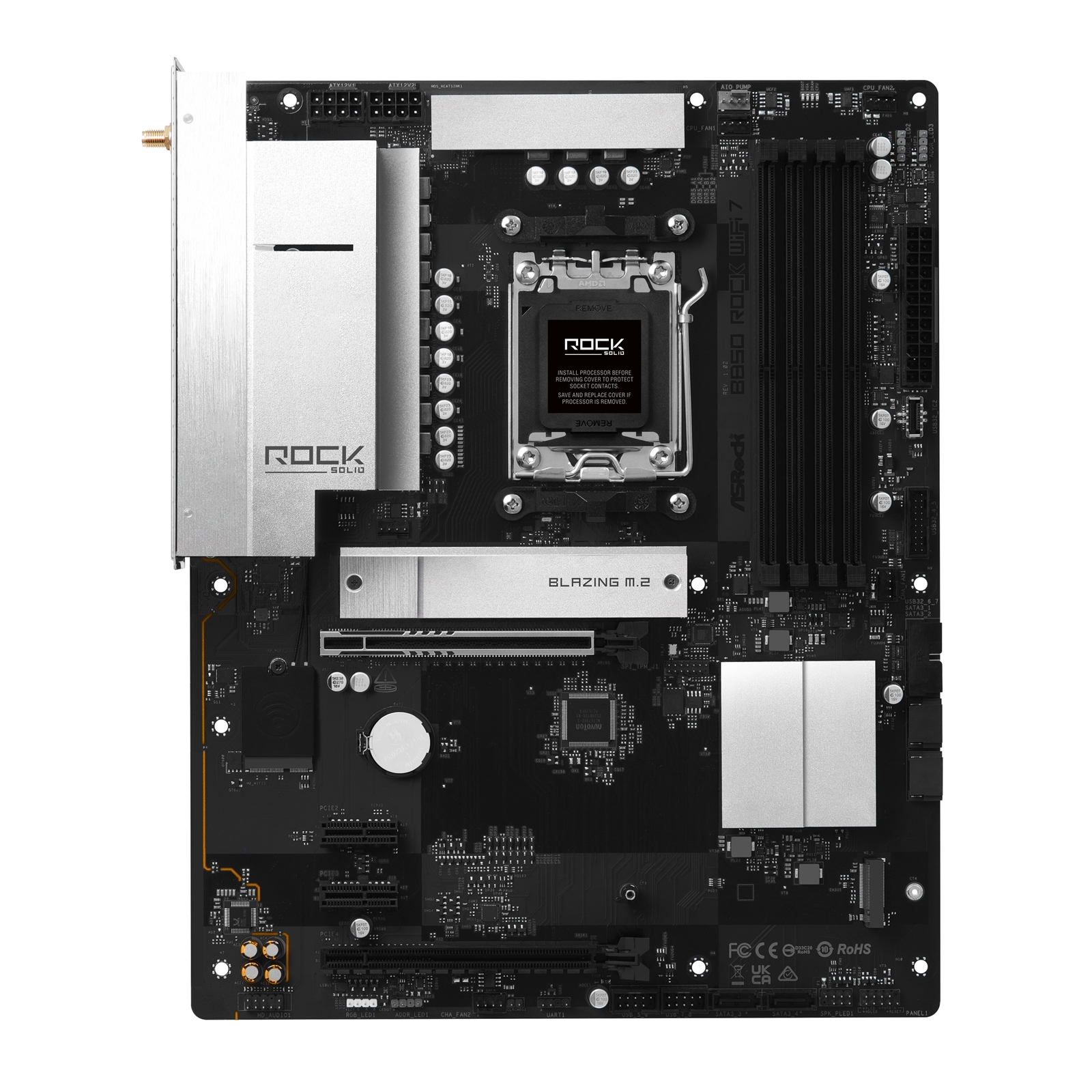 ASRock B850 Rock WiFi 7 AMD AM5 Socket Motherboard, ATX, 4x DDR5 Slots, 2x M.2 Sockets, Fitted I/O Shield, 2.5GbE LAN, Wi-Fi 7, 1x HDMI Port