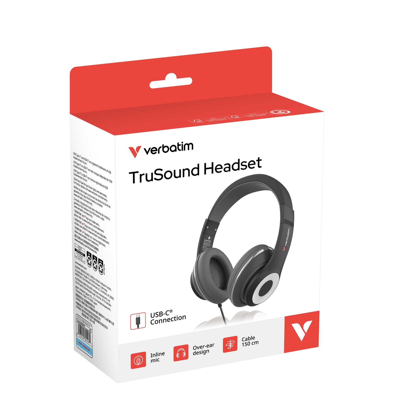 Verbatim TruSound USB-C Over-Ear Headset With In-Line Microphone,1.5m USB-C Cable, Durable Lightweight Design, Black