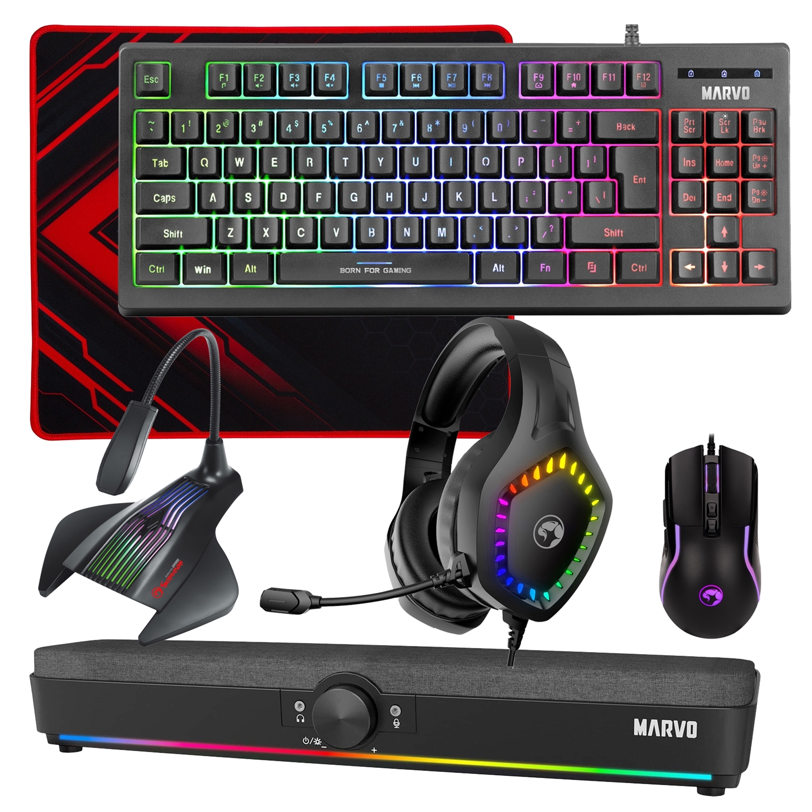 (image for) Marvo Scorpion 6-Product Gaming & Streaming Bundle featuring 80% TKL Multimedia Keyboard, Programmable USB Mouse, Non-Slip Mousepad, PC & Console-Compatible RGB Gaming Headset, RGB Stereo Soundbar & USB Streaming Microphone