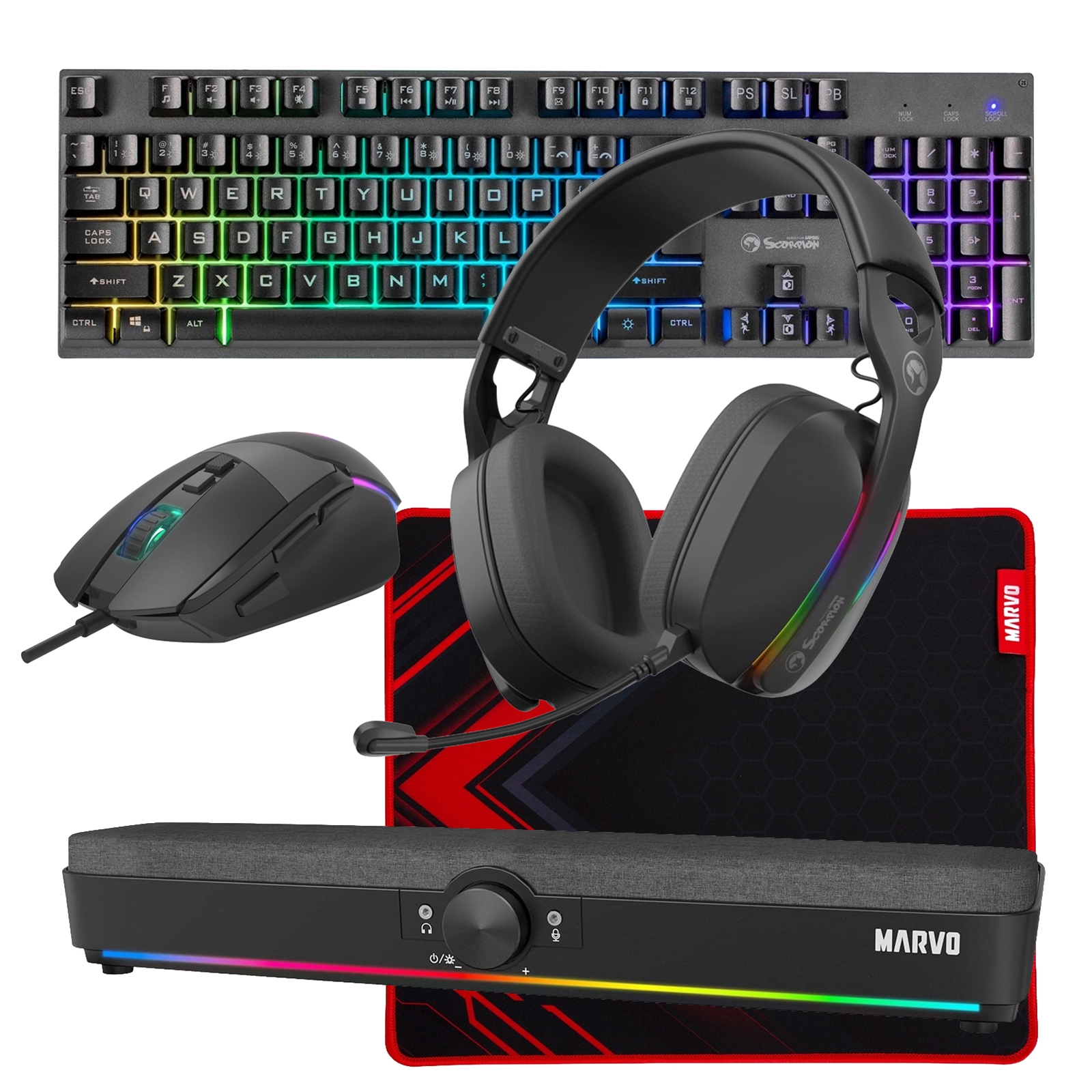 (image for) Marvo Scorpion 6-Product Gaming & Streaming Bundle featuring Gaming Keyboard, Programmable USB Mouse, Non-Slip Mousepad, PC & Console-Compatible Gaming Headset, RGB Stereo Soundbar & USB Streaming Microphone