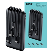 Prevo SP2010 Power Bank,10000mAh Portable Charging for Smart Phones, Tablets and Other Devices, Charge 4 Devices with Prefitted Lightning, USB Type-C, Micro-USB &amp; USB Cables, LED Torch, Black