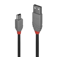 LINDY 36725 5m USB 2.0 Type A to Mini-B Cable, Anthra Line, Double shielded cable, corrosion resistant tinned copper conductors, USB 2.0, 480Mbps 10 year warranty