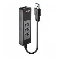 LINDY 43176 USB 3.0 Hub &amp; Gigabit Ethernet Converter, Supports 10/100/1000BASE-T, 3 x USB 3.1 Gen 1 / 3.0 SuperSpeed Ports Supporting Data Transfer Rates up to 5Gbps, Bus-Powered with No External Power Supply Required, Retail Polybag Packaging