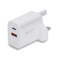 LINDY 73425 30W USB Type A &amp; C Charger UK Plug, 3A, Power Delivery 3.0 + PPS, 2 Output Connectors (USB, 24 pin USB-C), White