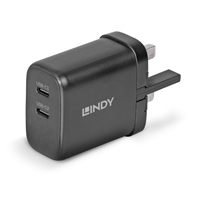 Lindy 65W USB 2 x Type C Charger, Input UK Plug, Output 2 x USB Type C Female, Black