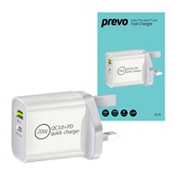 Prevo QC70 20W USB Type-C &amp; USB Type-A Fast Charge Mains Charger with QC 3.0 for Laptops, Ultrabooks, Chromebooks, iPads, MacBooks, Smartphones, Tablets, Mobile Devices, Action Cameras, DSLRs