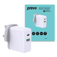 Prevo QC72 65W USB Type-C &amp; USB Type-A Fast Charge Mains Charger with Qualcomm Quick Charge 3.0 and 1.5m 100W USB-C Cable for Laptops, Ultrabooks, Chromebooks, iPads, MacBooks, Smartphones, Tablets, Mobile Devices, Action Cameras, DSLRs