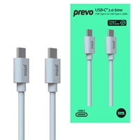 Prevo USB 2.0 60W C to C PVC cable, 20V/3A, 480Mbps, INJECTION MOULDING + PVC, +TPE+ C TID certification, White, Superior Design &amp; Perfornance, Retail Box Packaging