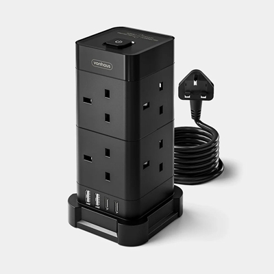 VonHaus Tower Extension Lead with USB, Power Surge Protection 2M Cable Black, 8 x UK Mains Sockets, Three-Pin 13A Plugs, Arranged Vertically With 2 Sockets On Each Of The 4 Sides