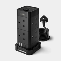 VonHaus Tower Extension Lead with USB, Power Surge Protection 2M Cable Black, 8 x UK Mains Sockets, Three-Pin 13A Plugs, Arranged Vertically With 2 Sockets On Each Of The 4 Sides