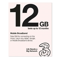 Three 3G 4G &amp; 5G-Ready 12GB Prepaid Mobile Broadband Trio SIM Card