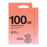 Three 100GB (normally 50GB) Prepaid Voice &amp; Data SIM - 4G / 5G with 99% UK Coverage &amp; 70+ Go Roam Worldwide Destinations