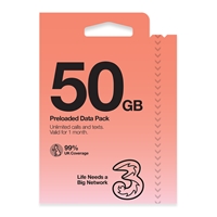 Three 50GB (normally 25GB) Prepaid Voice &amp; Data SIM - 4G / 5G with 99% UK Coverage &amp; 70+ Go Roam Worldwide Destinations