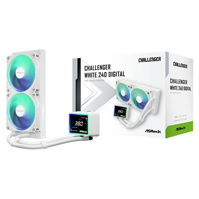 ASRock Challenger 240 Digital AIO Liquid CPU Cooler, 240mm Radiator,White, Dual 120mm PWM ARGB Fans, 3" Digital Display, Intel LGA1700/1851 &amp; AMD AM5/AM4 Compatible