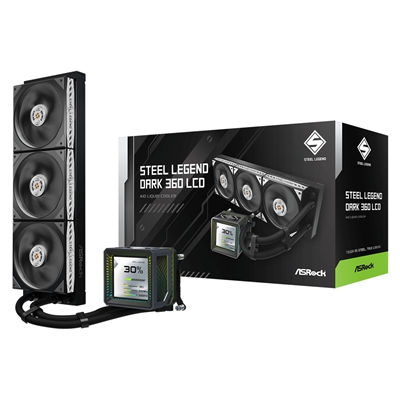 ASRock Steel Legend Dark 360 LCD AIO Liquid CPU Cooler, 360mm Radiator, Triple 120mm PWM ARGB Fans, LCD Display, Intel LGA1700/1851 &amp; AMD AM5/AM4 Compatible