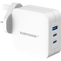 SUMVISION Universal 3 Port USB Laptop Wall Charger, 100W, GaN, Multiport USB Connections with Type-C, USB-A QC 3.0 Fast Charge &amp; USB-A, Includes UK Plug, Suitable for USB-C Laptop Charging, UK Design and Free UK Tech Support