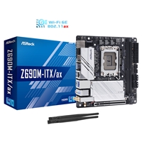 ASRock Z690M-ITX/ax Motherboard, Intel Socket 1700, 12th Gen, Mini ITX, 8 Phase Dr. MOS Design, DDR4, 1x PCIe 5.0 x16, 4x SATA3, 2x PCIe Gen4 M.2, 2x USB 3.2 Gen 2x2 Type-C, Dragon 2.5G LAN, 802.11ac WiFi 6E, Bluetooth, HDMI, DisplayPort