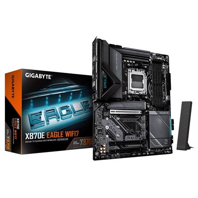 Gigabyte X870E EAGLE WIFI7 AMD AM5 Socket Motherboard, ATX, 4x DDR5 Slots, 4x M.2 Socket, Fitted I/O Shield, 5GbE LAN, Wi-Fi 7, 1x HDMI Port / 2x USB-C (USB4)