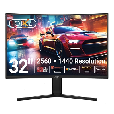 piXL X-Series GS32QIDPHA 32 Inch QHD IPS, Curved (1500R) Gaming Monitor with 180Hz Refresh Rate, 2560 x 1440 Resolution, 1ms Response Time, HDR10+, Adaptive Sync, 2x HDMI 2.0 &amp; 2x DisplayPort 1.4, Height Adjustable