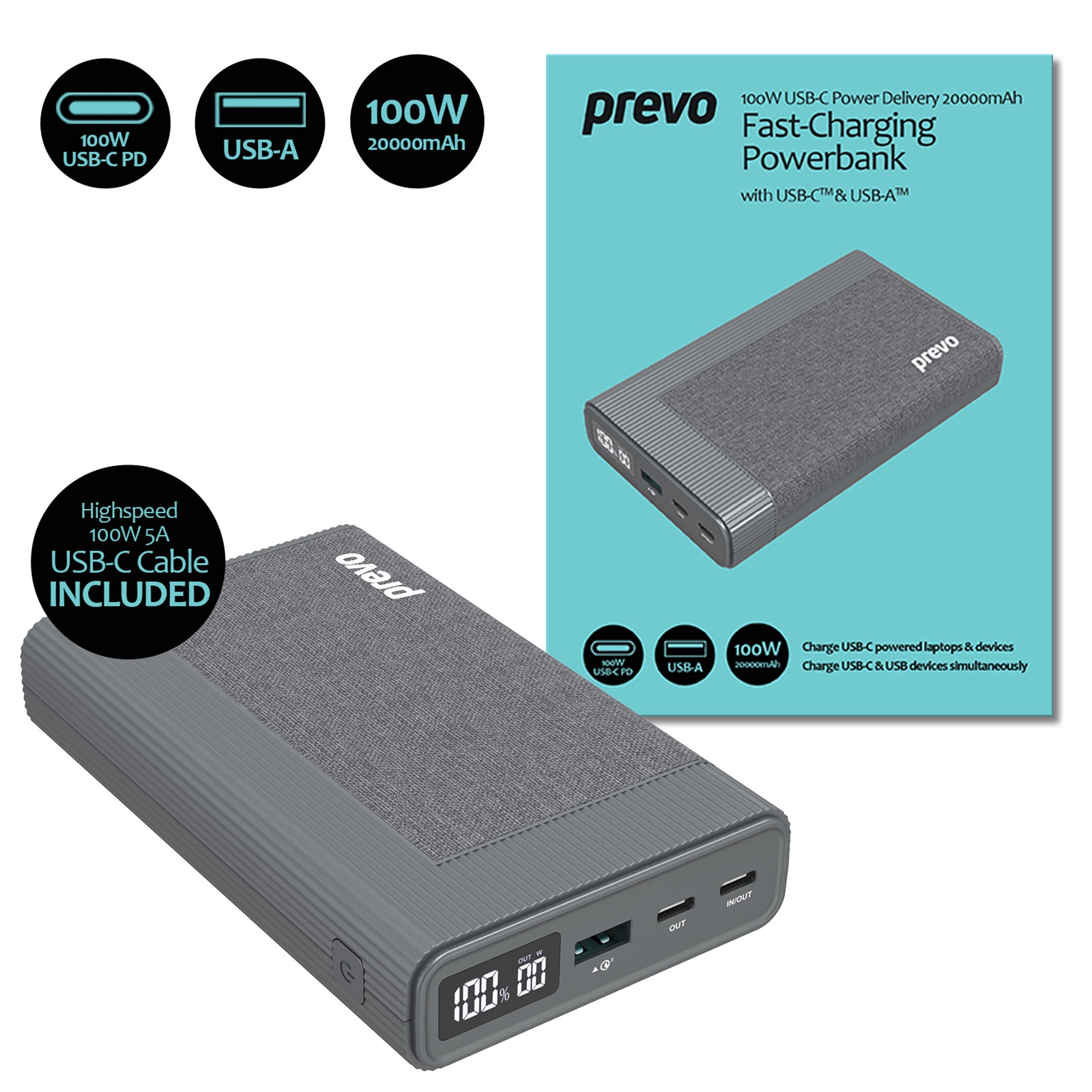 (image for) Prevo AD10C 100W USB-C Power Delivery PD 20000mAh Portable Fast-Charging Powerbank with Digital Display, Dual USB-C & USB-A with 100W USB-C Cable Included for Laptops, Ultrabooks, Chromebooks, Smartphones & Tablets