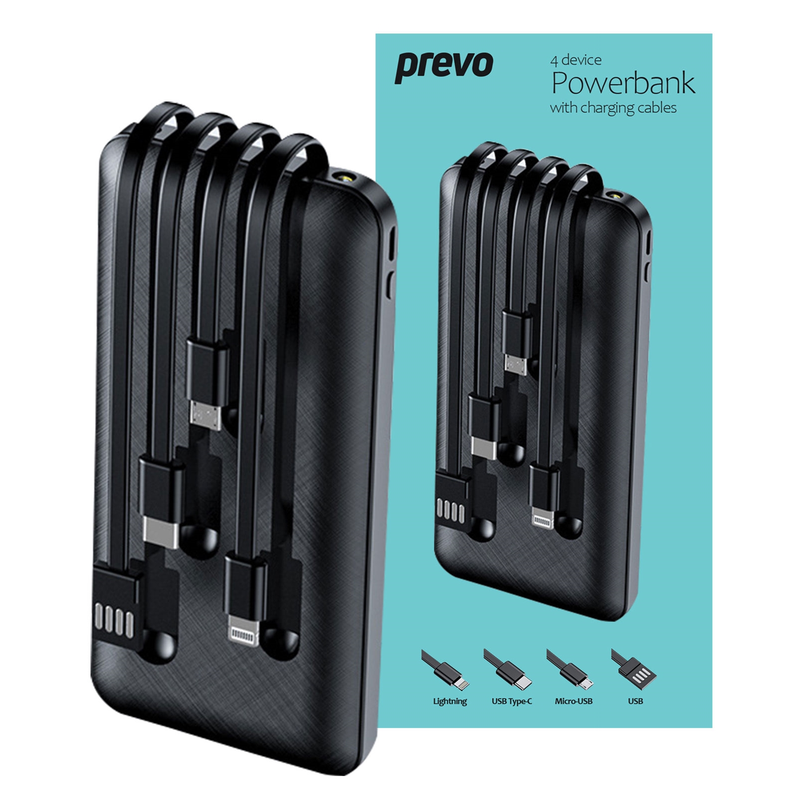 (image for) Prevo SP2010 Power Bank,10000mAh Portable Charging for Smart Phones, Tablets and Other Devices, Charge 4 Devices with Prefitted Lightning, USB Type-C, Micro-USB & USB Cables, LED Torch, Black
