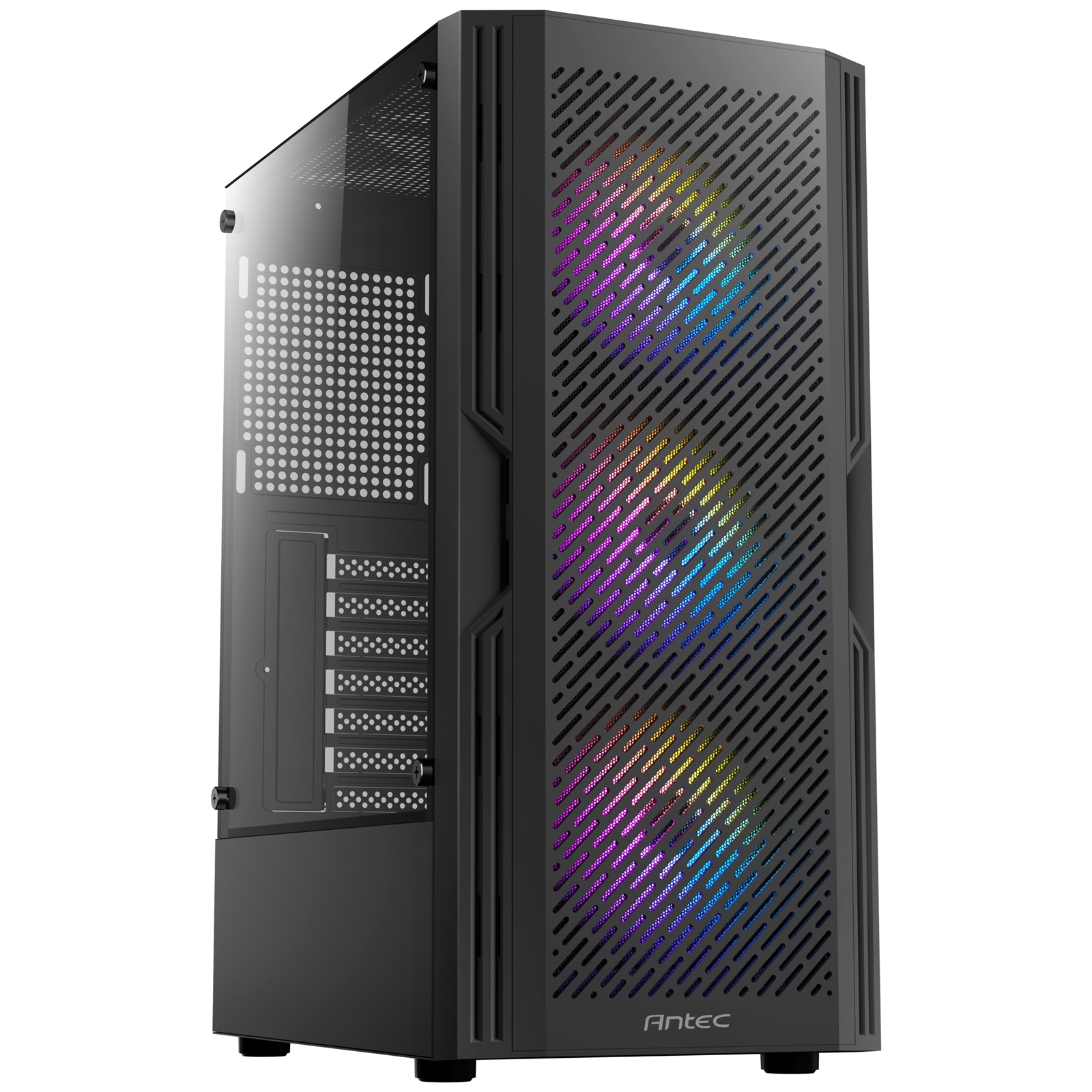 (image for) ANTEC AX20 Case, Black, Mid Tower, 1 x USB 3.0 / 2 x USB 2.0, Tempered Glass Side Window Panel, Slanted Bar & Mesh Design for Massive Airflow, 3 x RGB LED Fans Included, ATX, Micro ATX, Mini-ITX