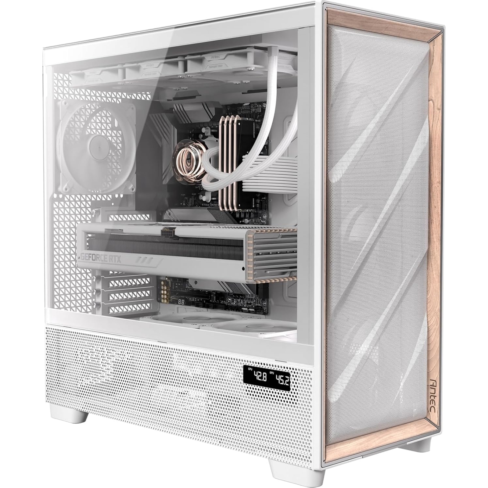 (image for) Antec Flux PRO Full Tower PC Case with Tempered Glass, White/Wood, 6 Pre-Installed Fans, USB Type-C, E-ATX/ATX/mATX/mITX Compatibility