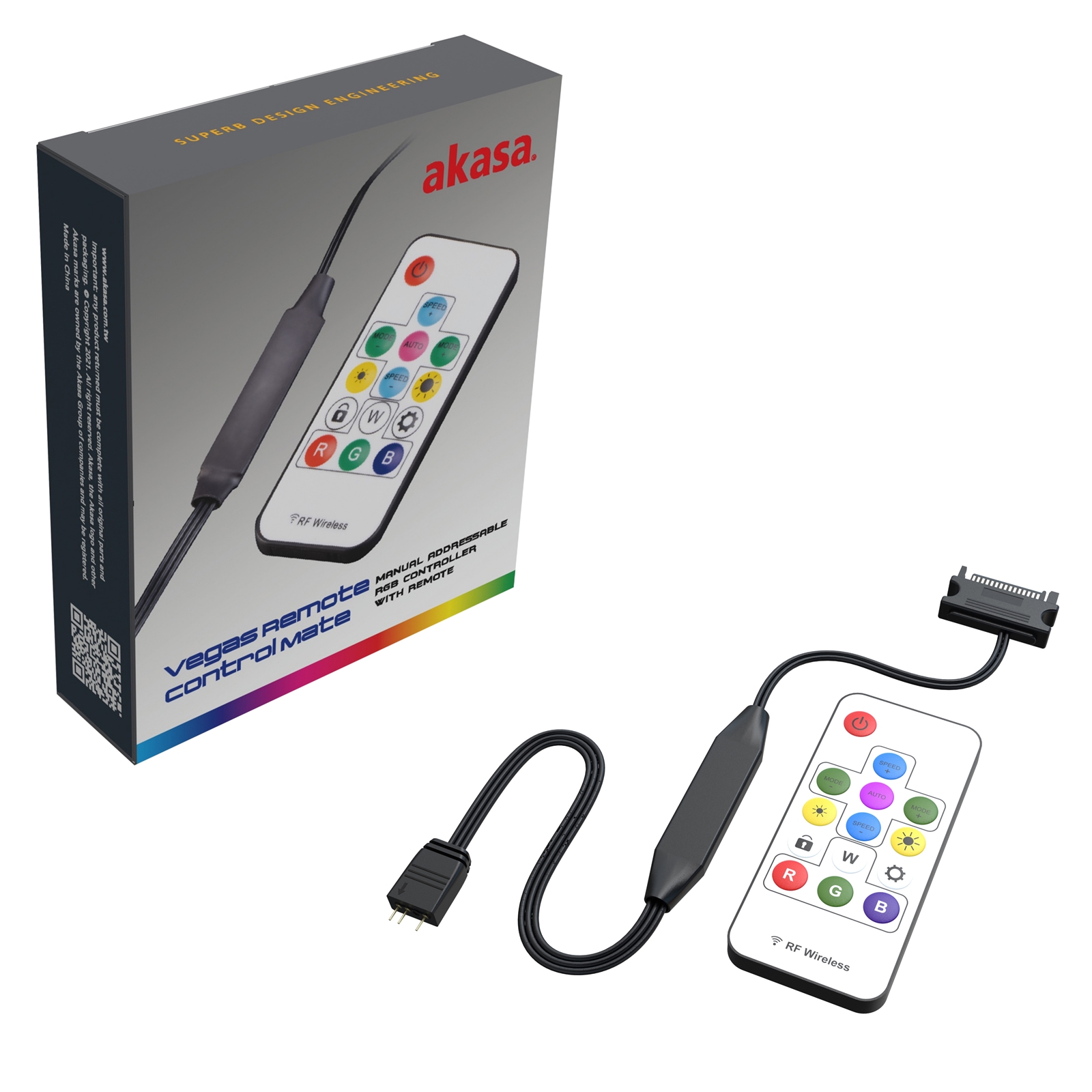 AKASA Vegas Remote Control Mate Addressable RGB Controller Cable with Remote, SATA 15-Pin (M) to 3-Pin 5V ARGB Connector (M), 0.4m, Black, Fully Customisable with Mode, Speed and Colour Changing Buttons