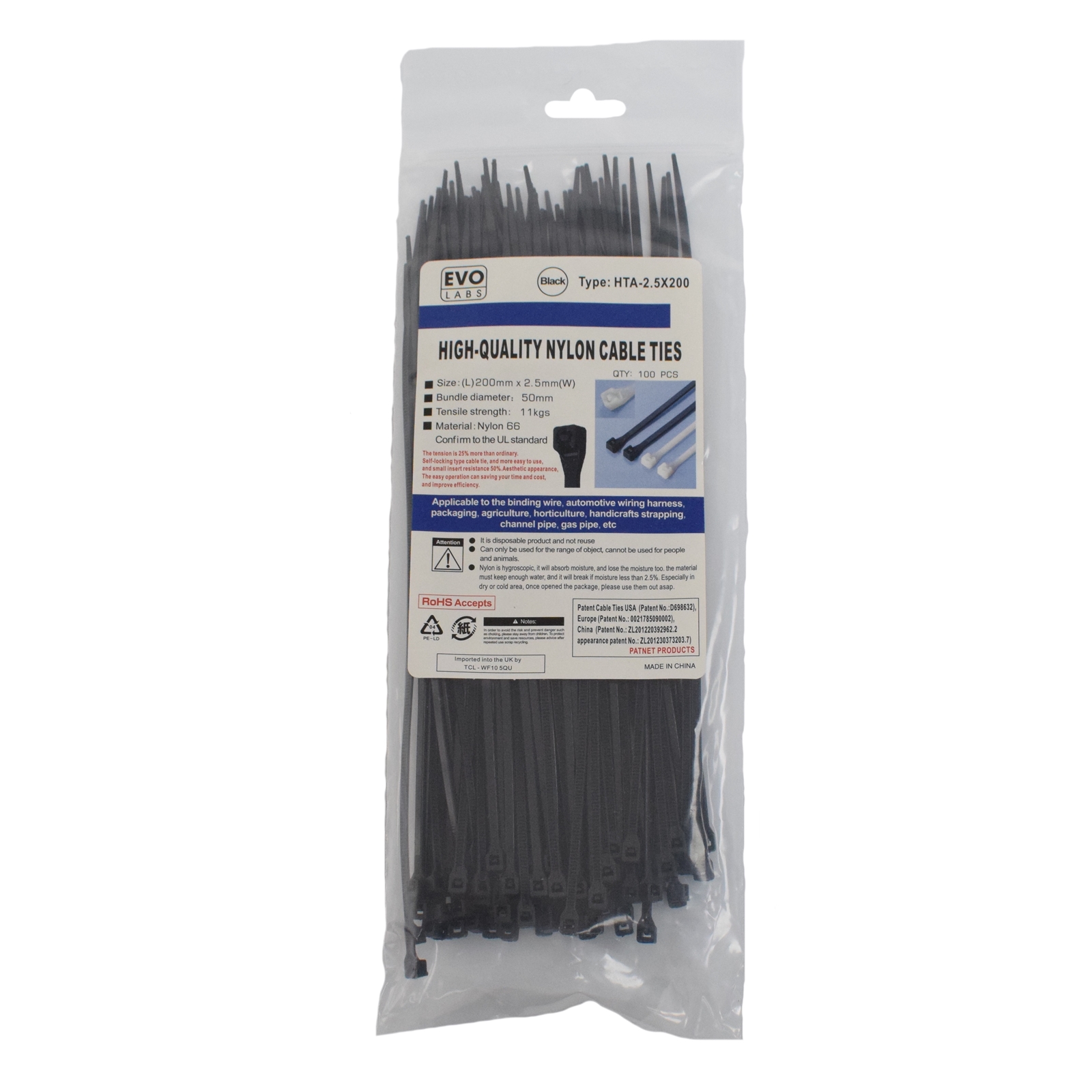 (image for) Evo Labs Black Cable Ties 200 x 2.5mm 100 Pack