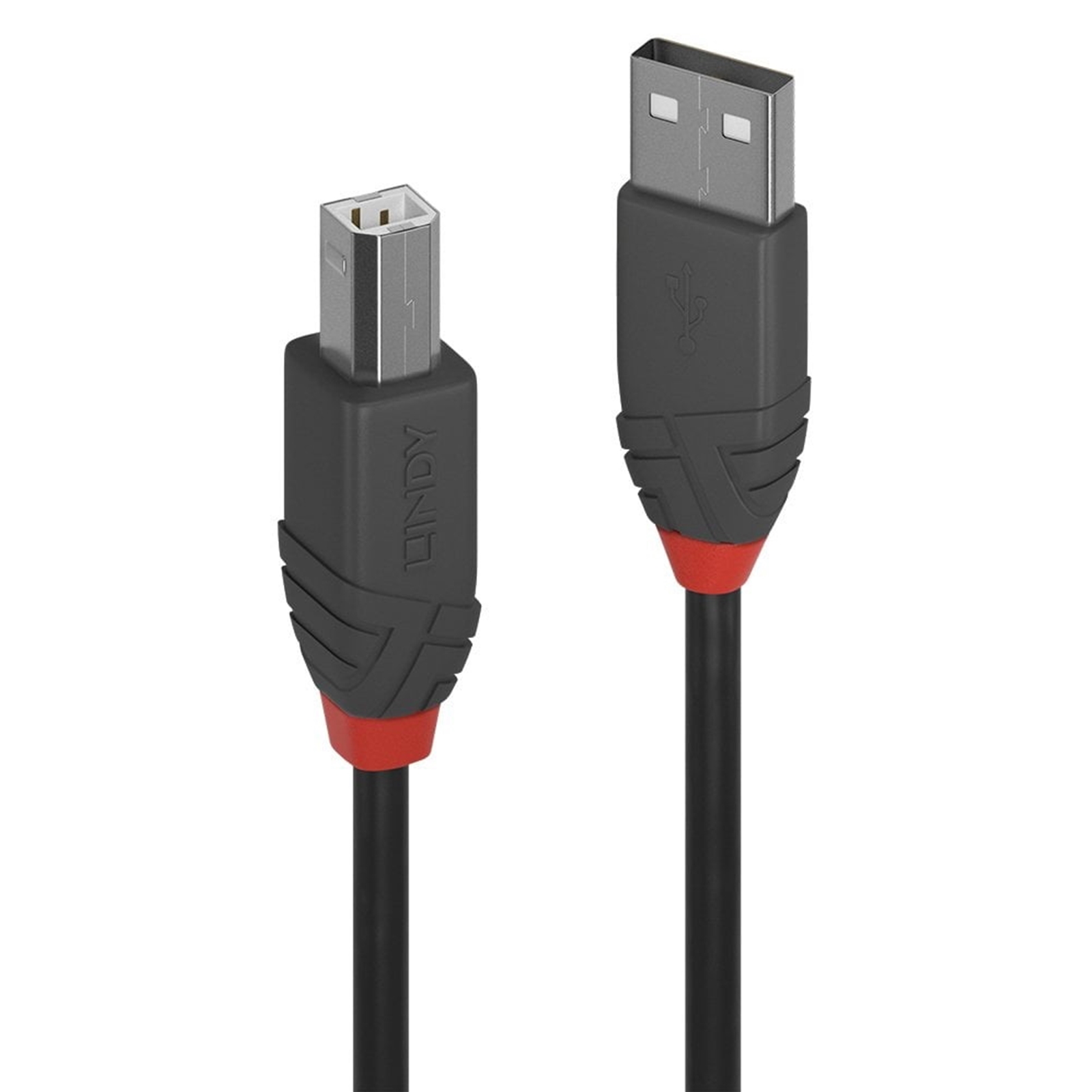 (image for) LINDY 36673 Anthra Line USB Cable, USB 2.0 Type-A (M) to USB 2.0 Type-B (M), 2m, Black & Red, Supports Data Transfer Speeds up to 480Mbps, Robust PVC Housing, Nickel Connectors & Gold Plated Contacts, Retail Polybag Packaging