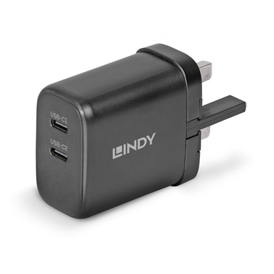 Lindy 65W USB 2 x Type C Charger, Input UK Plug, Output 2 x USB Type C Female, Black