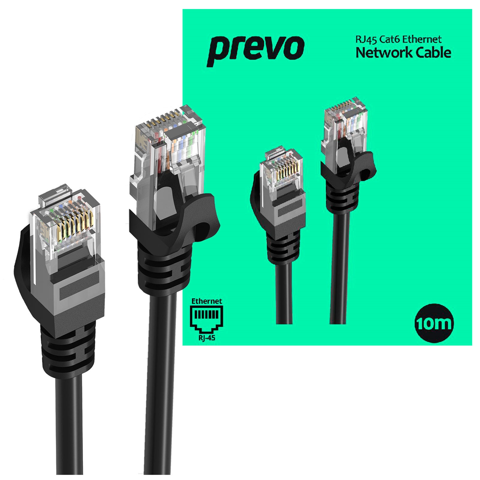 (image for) Prevo CAT6-BLK-10M Network Cable, RJ45 (M) to RJ45 (M), CAT6, 10m, Black, Oxygen Free Copper Core, Sturdy PVC Outer Sleeve & Clip Protector, Retail Box Packaging