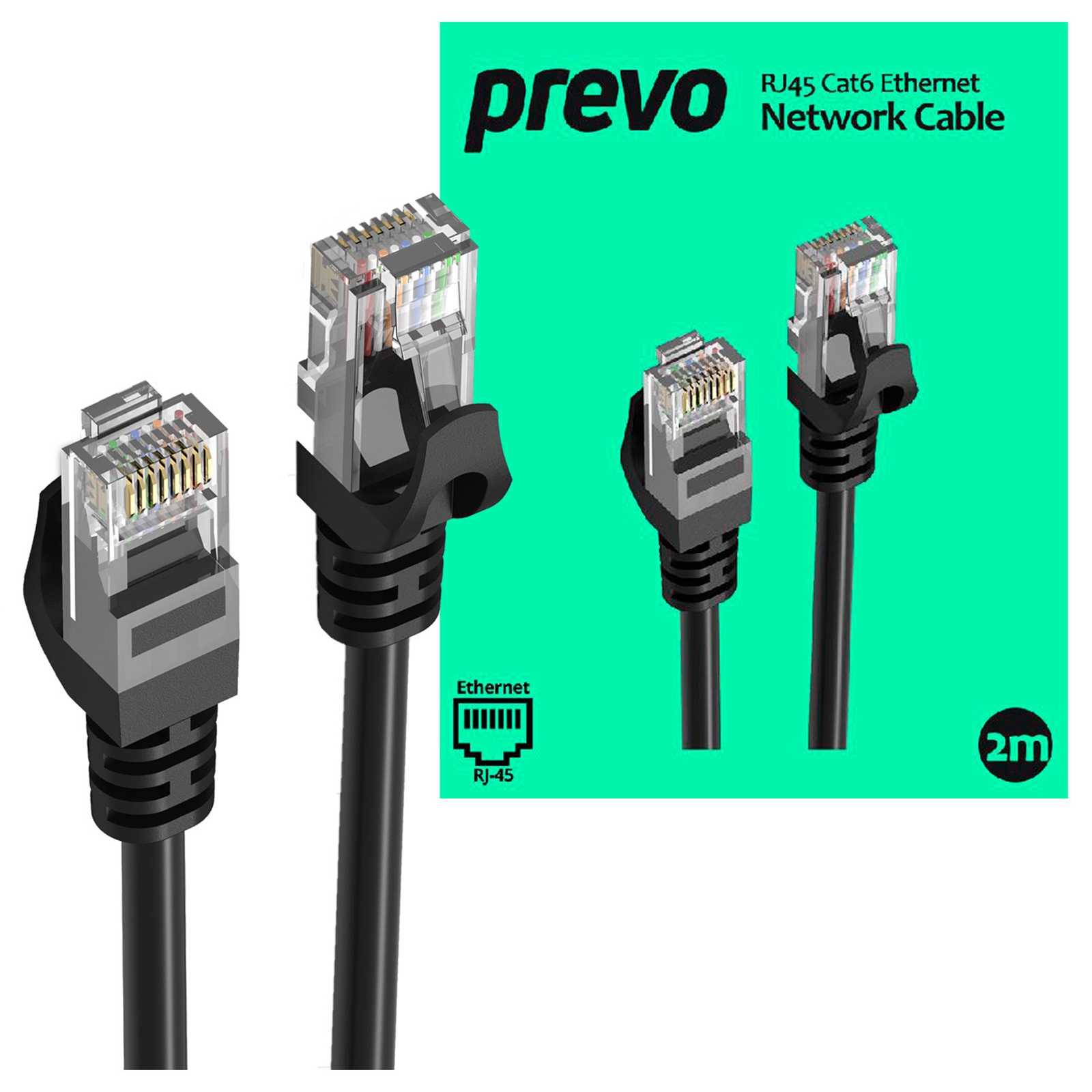 (image for) Prevo CAT6-BLK-2M Network Cable, RJ45 (M) to RJ45 (M), CAT6, 2m, Black, Oxygen Free Copper Core, Sturdy PVC Outer Sleeve & Clip Protector, Retail Box Packaging