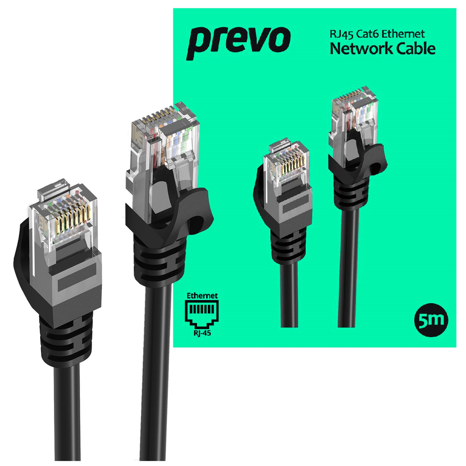 (image for) Prevo CAT6-BLK-5M Network Cable, RJ45 (M) to RJ45 (M), CAT6, 5m, Black, Oxygen Free Copper Core, Sturdy PVC Outer Sleeve & Clip Protector, Retail Box Packaging