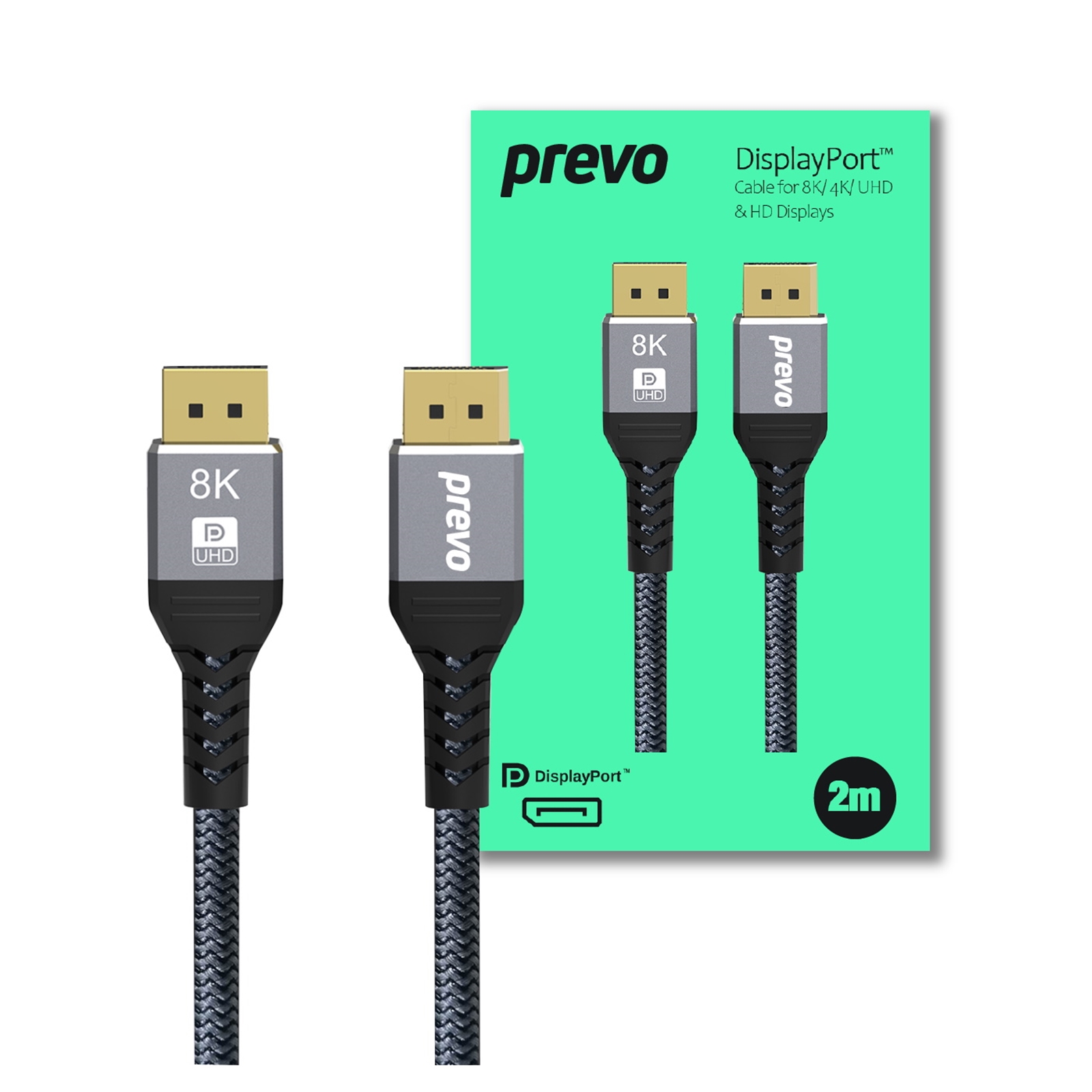 (image for) Prevo DP14-2M DisplayPort Cable, DisplayPort 1.4 (M) to DisplayPort 1.4 (M), 2m, Black & Grey, Supports Displays up to 8K@60Hz, Robust Braided Cable, Gold-Plated Connectors, Superior Design & Performance, Retail Box Packaging